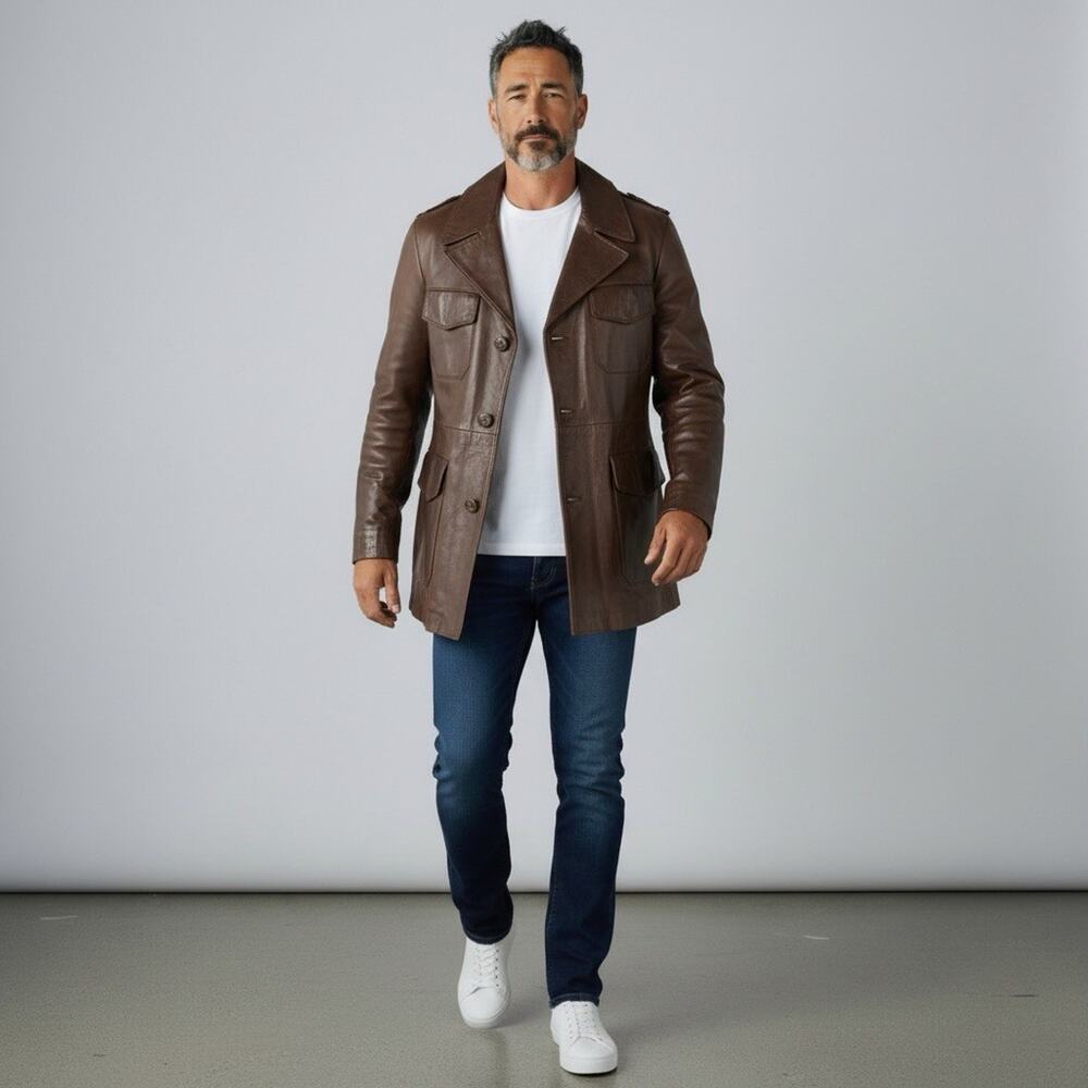 Cortefiel Vintage Mens Leather Car Coat Made in Spain Tan Brown Jacket Size 42